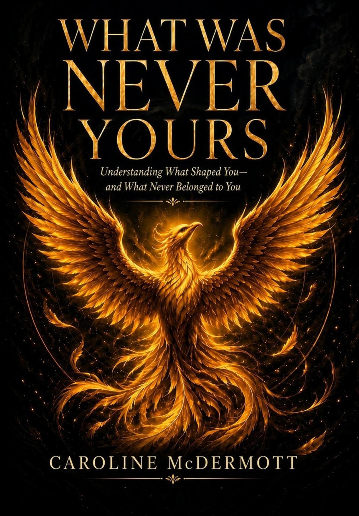 Book cover: a gold phoenix on black, titled What Was Never Yours by Caroline McDermott